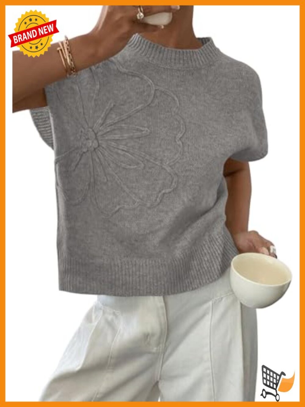 Women's Knit Sweater Vest Cap Sleeve Crew Neck 3D Flower Pullover Top